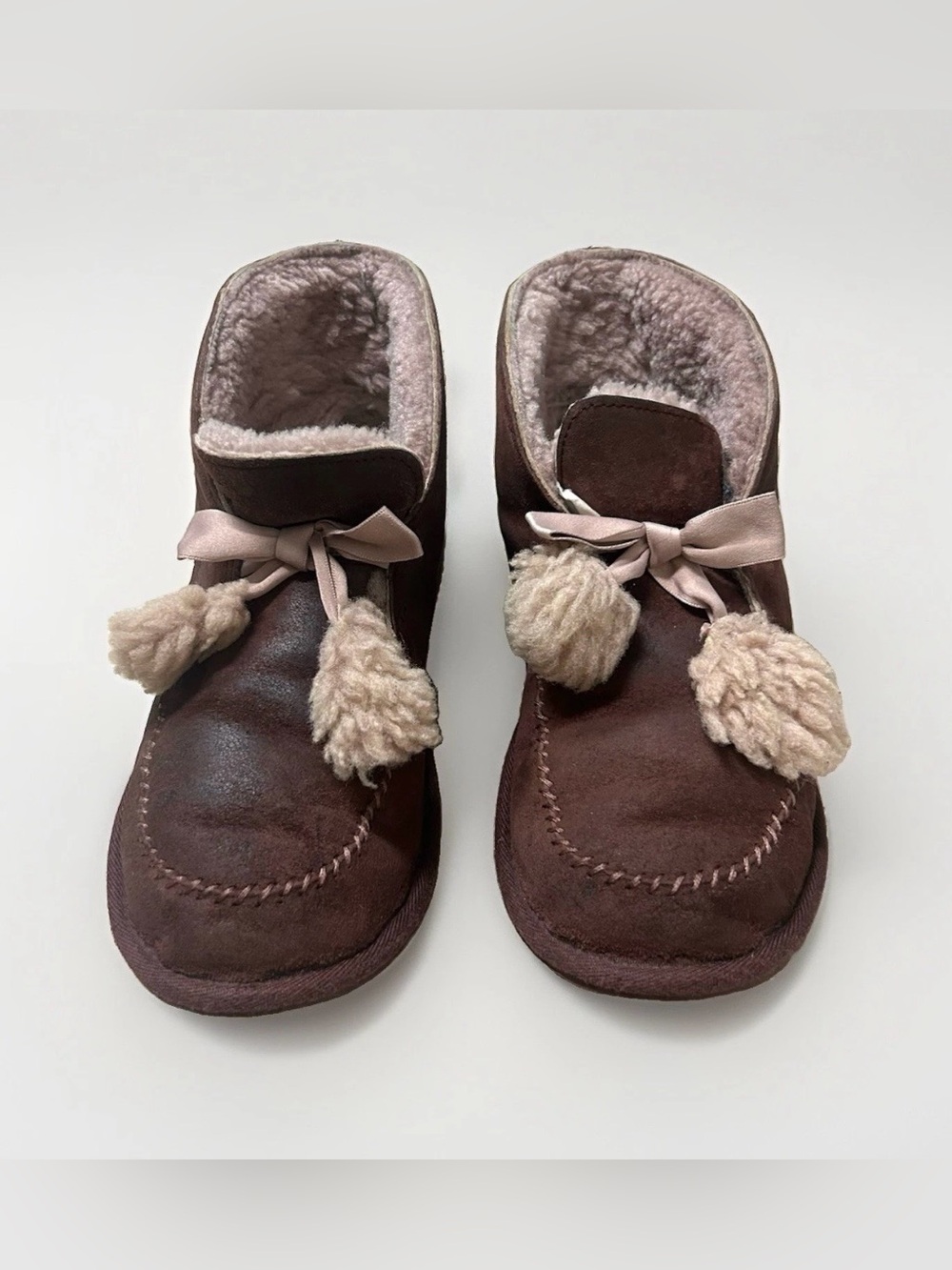 UGG Kallen Slippers Pom Pom Women's Brown Suede Sheepskin Bow Booties Cozy Warm